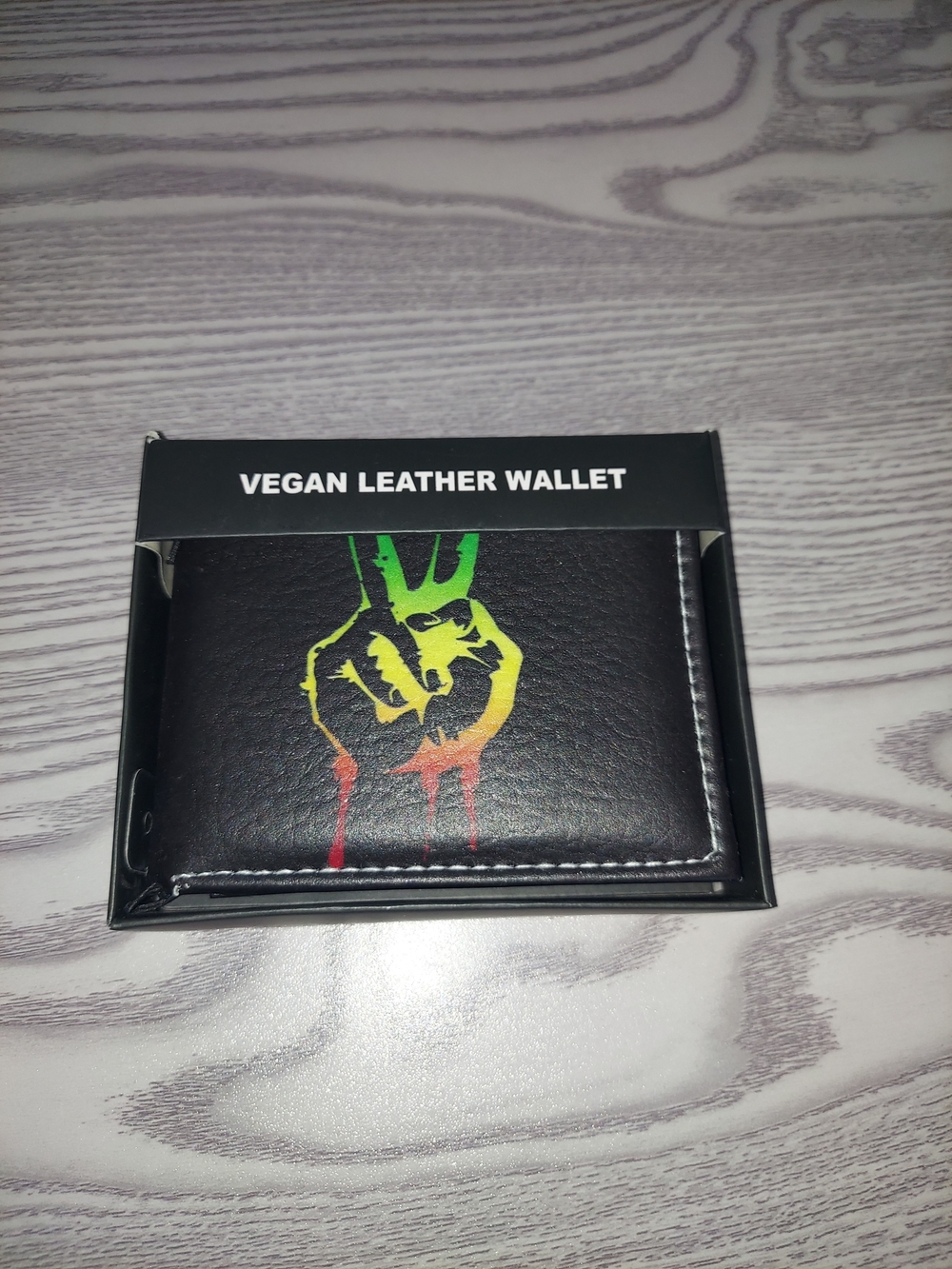 Vegan Leather Men's Wallet with Peace Hand Print - Black
